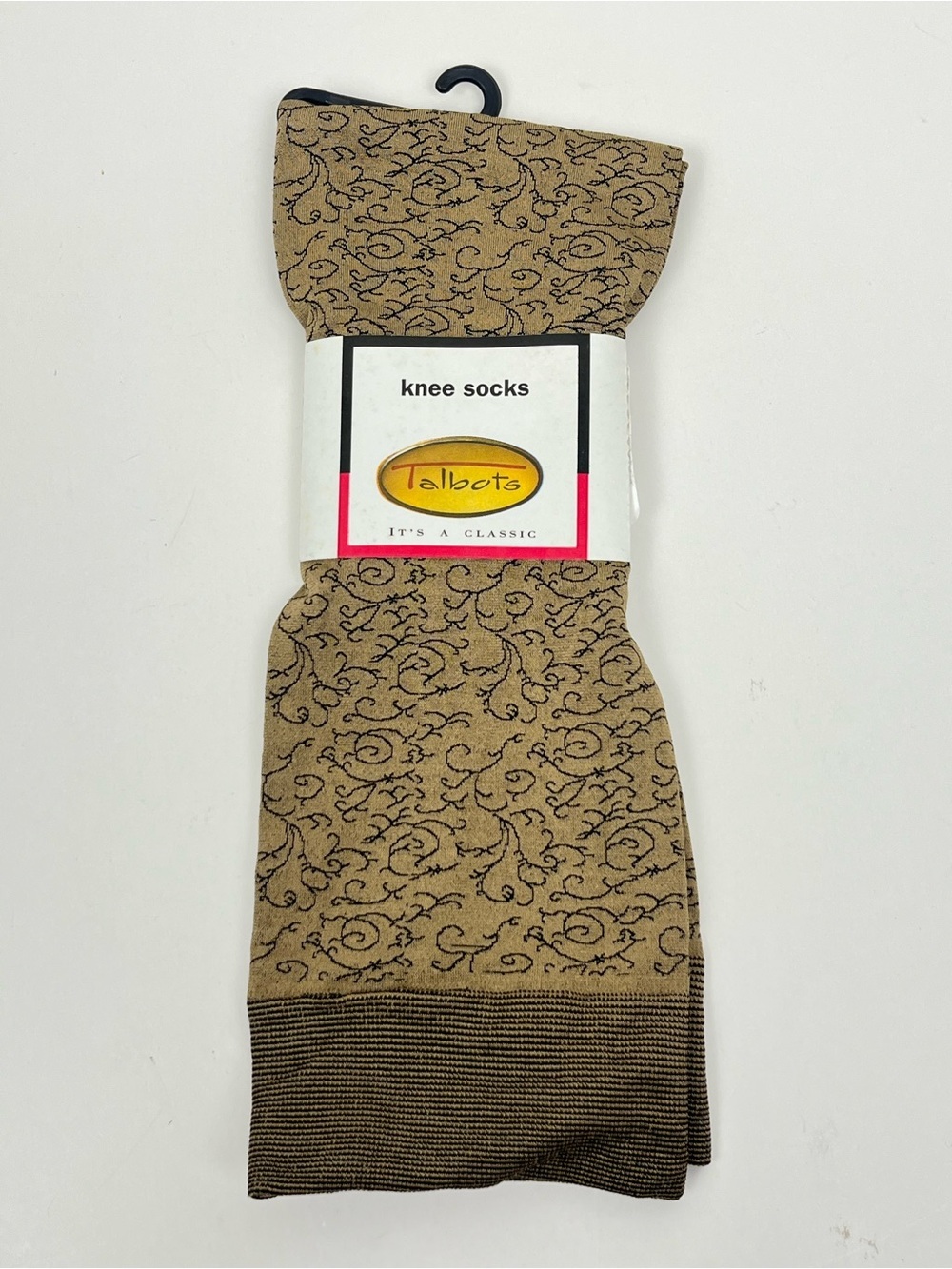 NWT vintage Talbots tan print trouser knee socks, fits women’s size 9-11.